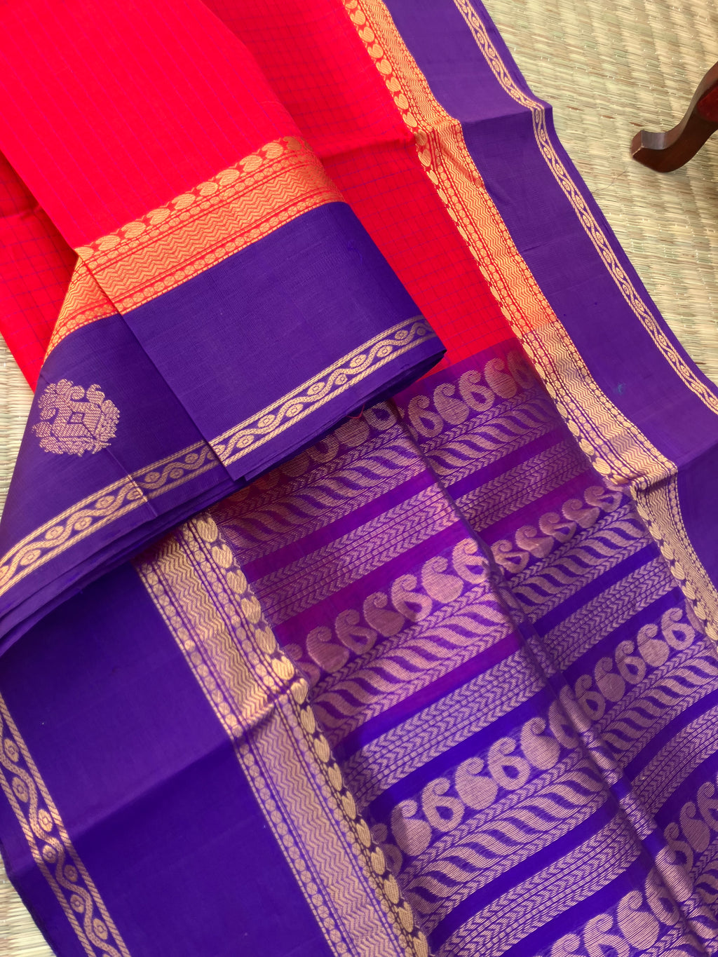 Korvai Silk Cotton - deep chilly red and violet border buttas and body chex