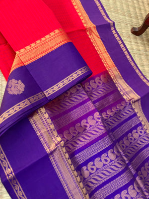 Korvai Silk Cotton - deep chilly red and violet border buttas and body chex