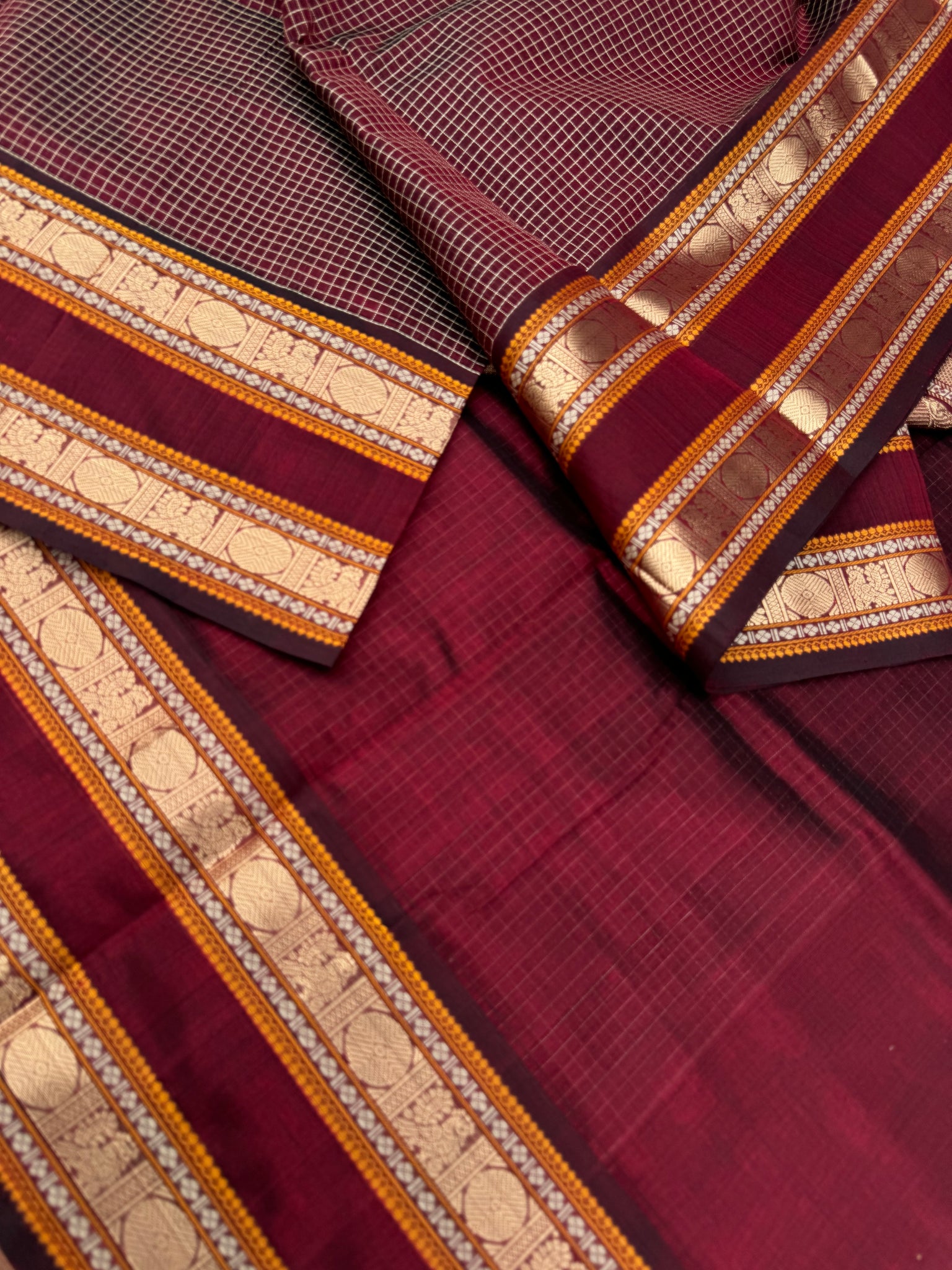 Zari Kissed Silk Cotton - stunning deep maroon podi kattam with retta pett woven borders