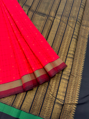Woven Motifs Silk Cotton -deep red and black Lakshadeepam