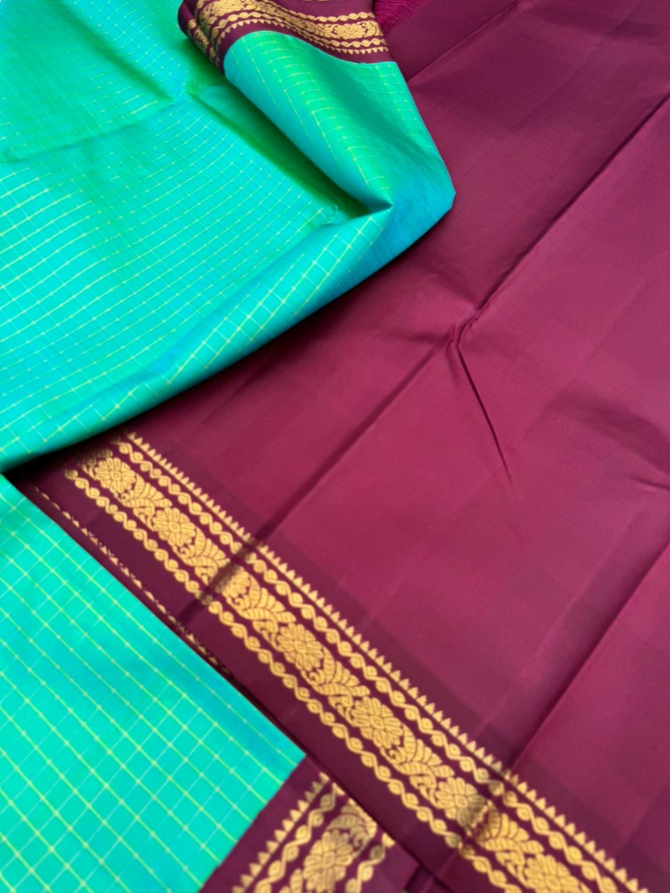 Vintage Ragas on Kanchivaram - beautiful dual tone aqua blue green zari kattam woven body with vintage aadai woven burgundy tone borders