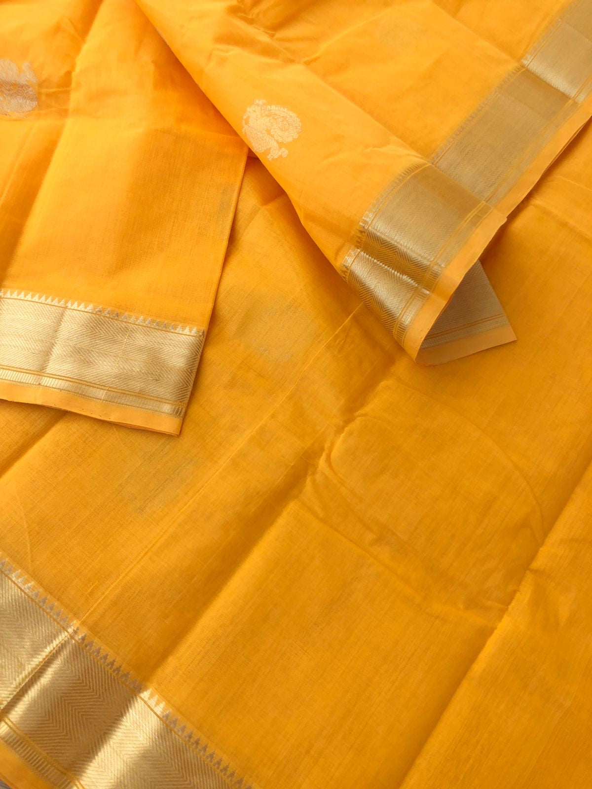 Mangalavastaram - Zari Touched - golden mustard annapakshi woven buttas