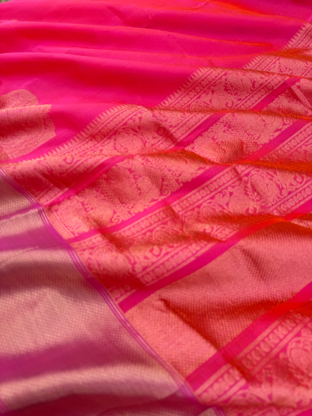 Zari Kissed Silk Cotton - a gorgeous vibrant shocking pink with corner buttas