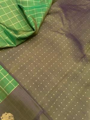 Diwali Edits - Kanchivaram For All Occasions - Amazing green and deep grey a very unusual combination of kattam woven body with border woven buttas