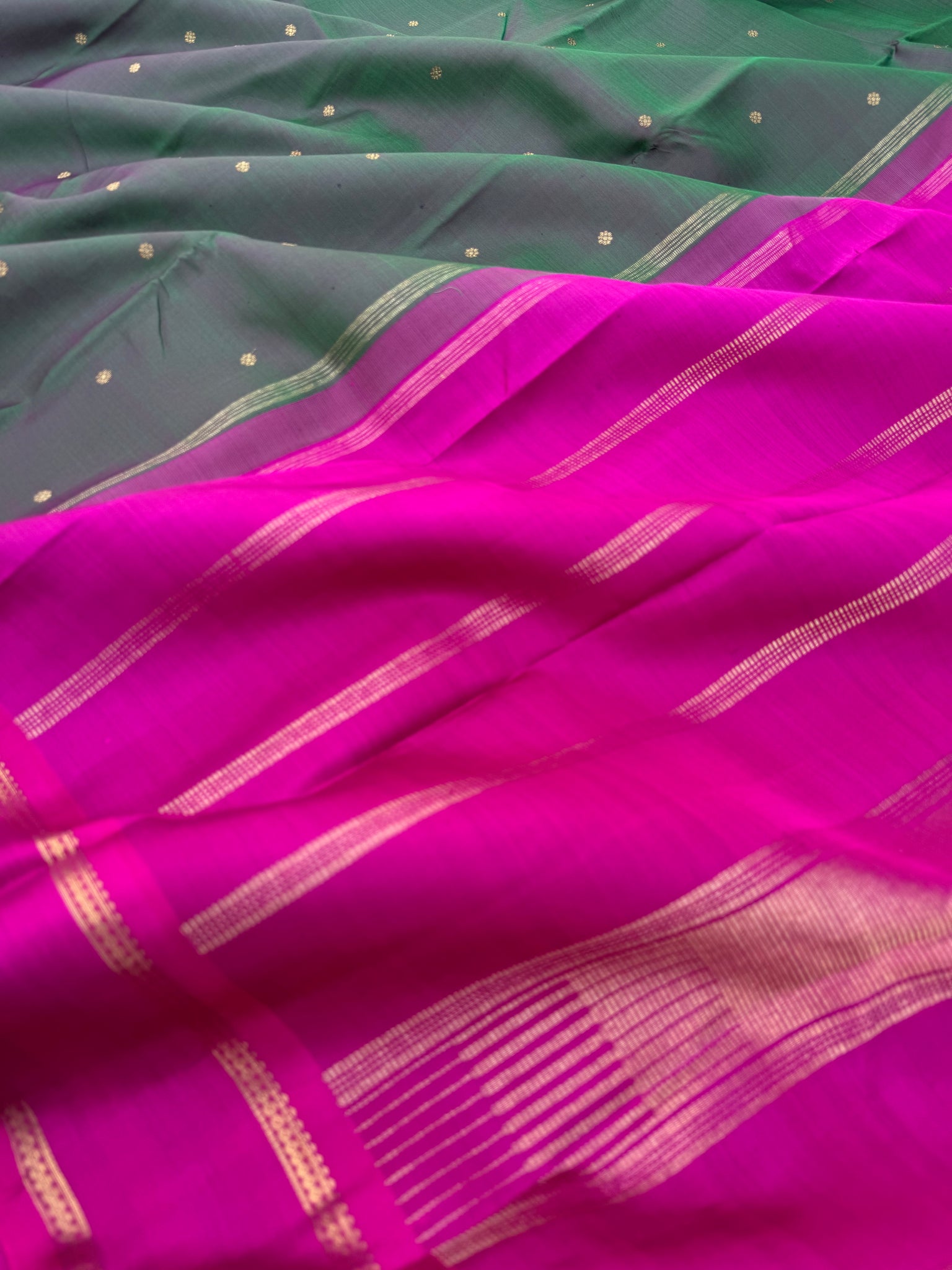 Diwali Edits - Kanchivaram For All Occasions - when deep dark green woven with rain pink we get this unique tone