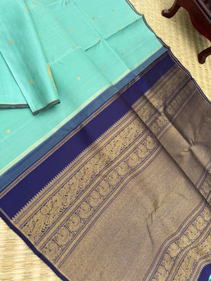 Diwali Edits - Kanchivaram For All Occasions - pastel pista ice cream borderless Kanchivaram with navy blue pallu and blouse