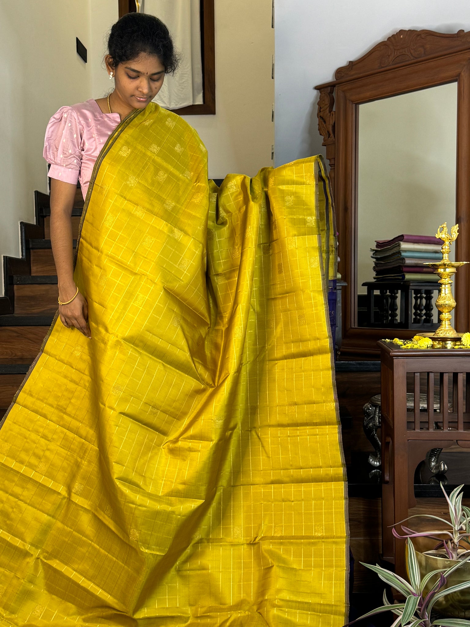 Mohaa - Beautiful Borderless Kanchivaram - a sampanga yellow and deep dark ink blue with chex woven annapakshi borders