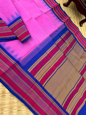 Sahasra - Most Difficult to Make No Zari Kanchivarams - a perfect rose pink and violet blue with yali woven borders