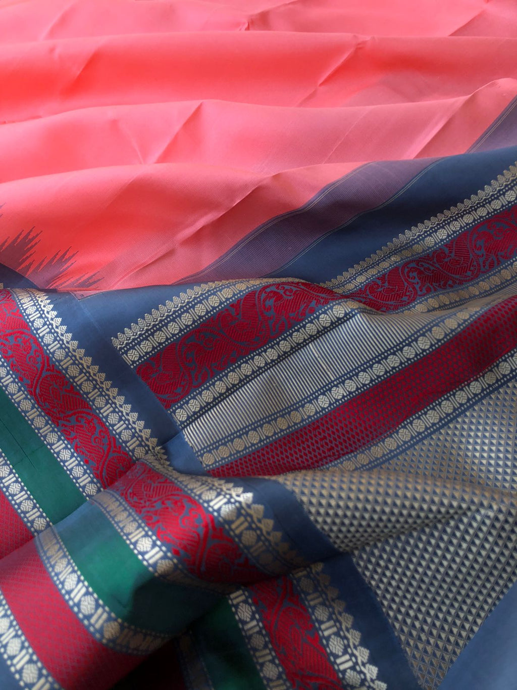 Silk Play on No Zari Kanchivaram - unusual pink and grey with intricate yali and killi woven borders