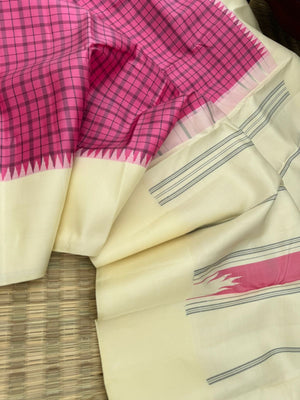 Rarest Korvai Kanchivaram - gorgeous burnt pink kattam no zari kanchivaram with off white cream borders pallu and blouse