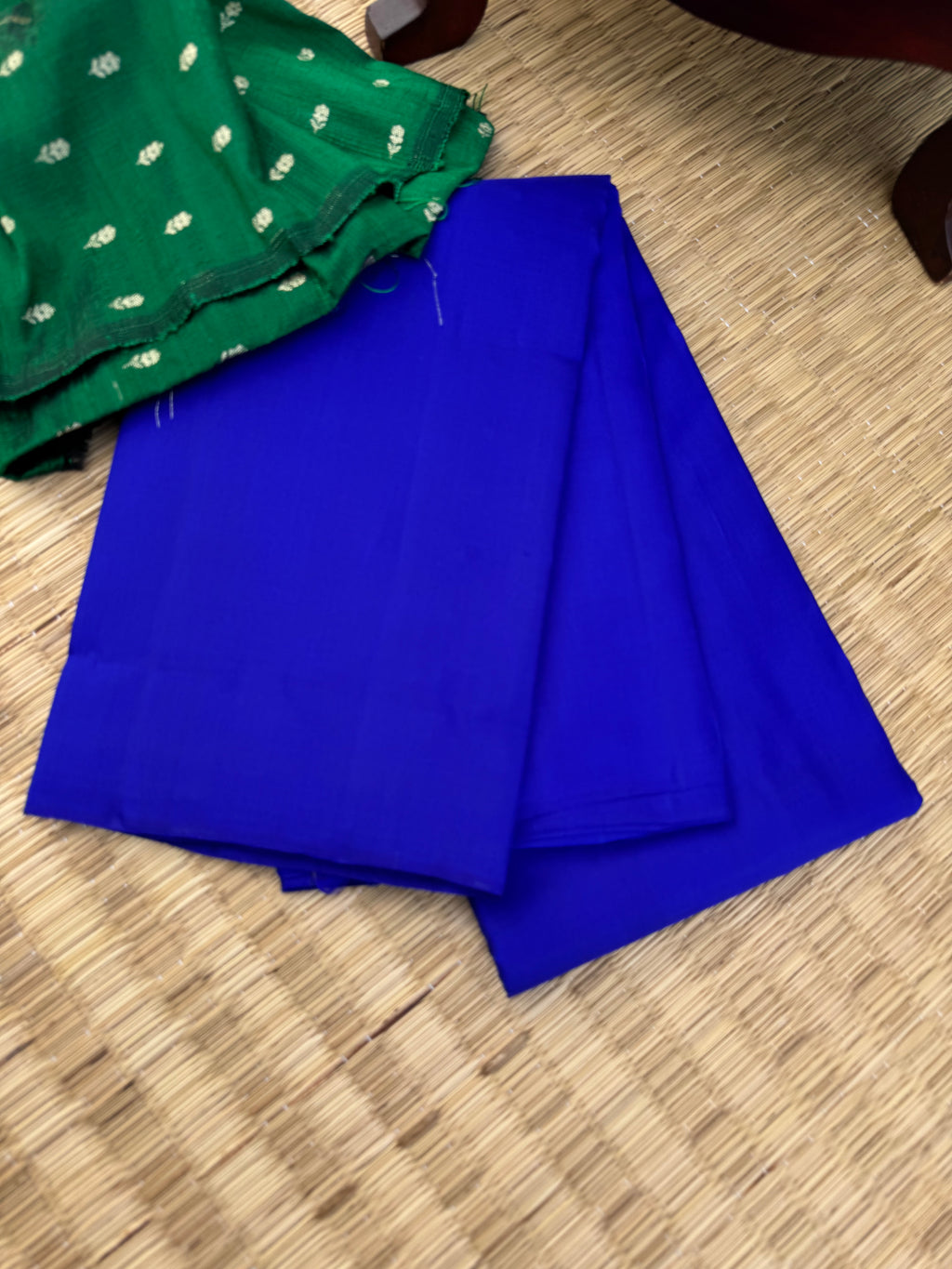 Niram - Celebration Colours of Full Plain Kanchivaram Silks Paired with Beautiful Contrasting Blouses - stunning royal blue with bottle green raw silk blouse