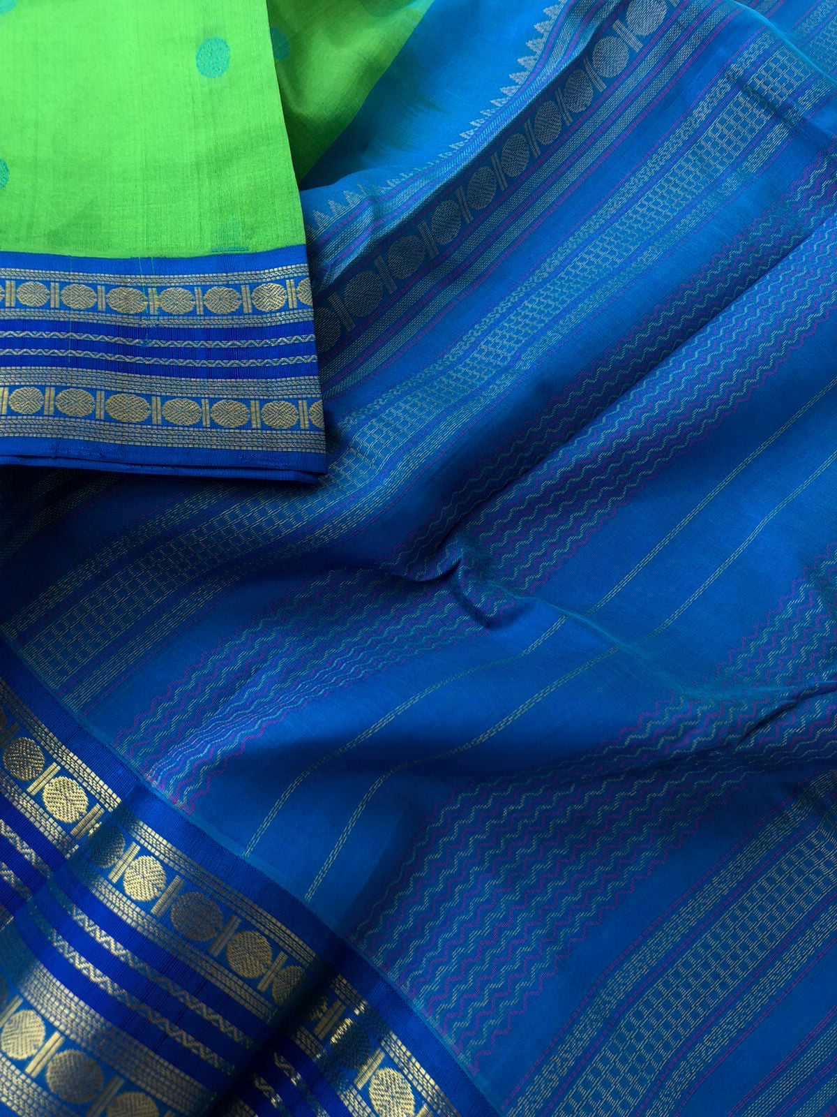 Divyam - Korvai Silk Cotton with Pure Silk Woven Borders - beautiful apple green and blue