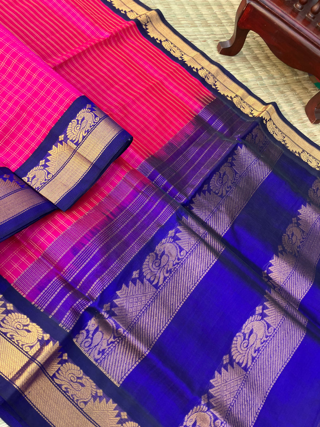 Korvai Silk Cotton - rani pink and ink blue