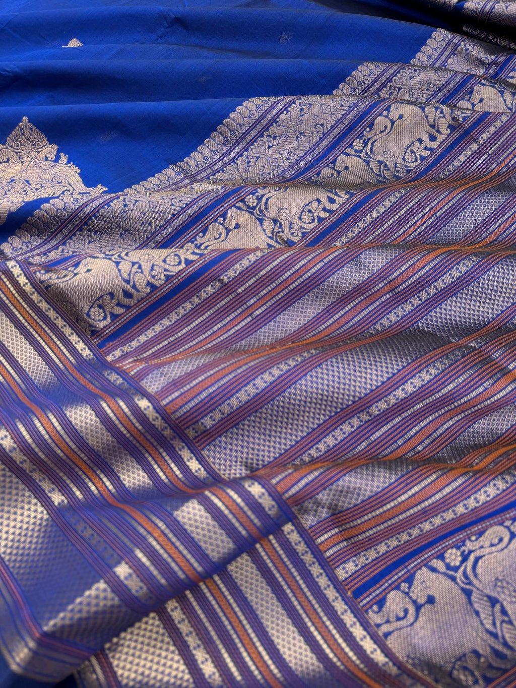 Zari Kissed Silk Cotton - burnt blue corner buttas