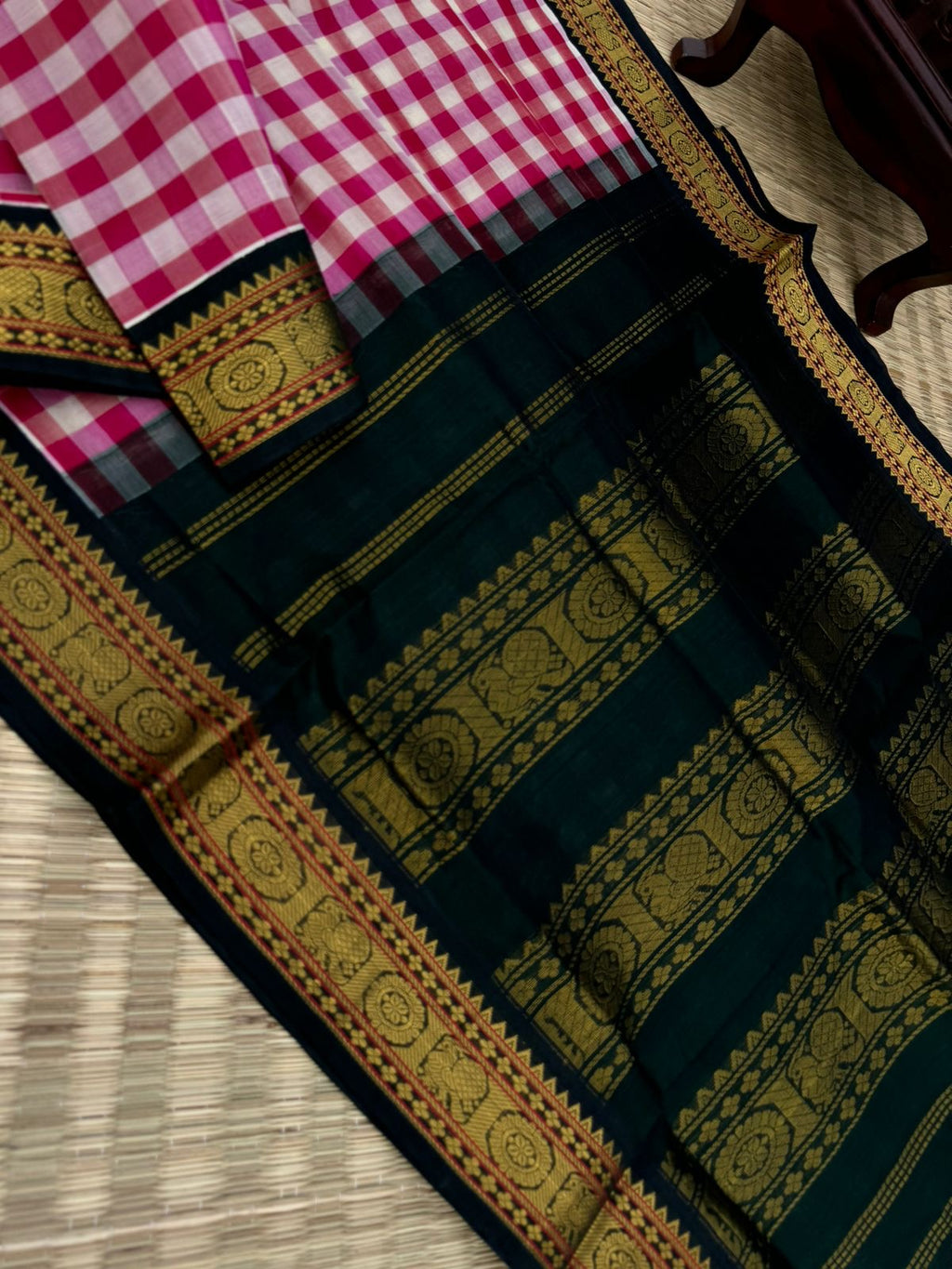Korvai Silk Cottons - pink and cream kattam with deep forest green Pallu and blouse