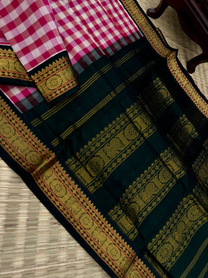 Korvai Silk Cottons - pink and cream kattam with deep forest green Pallu and blouse