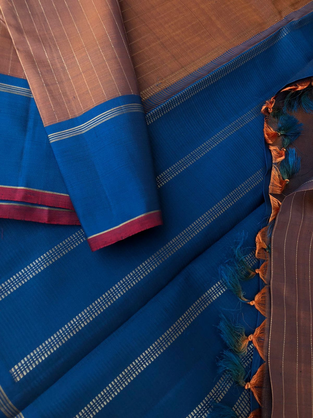 Heriyae - Heirloom Kanchivarams - caramel brown dual tone body with burnt blue pallu and blouse with vertical muthu stripes woven body