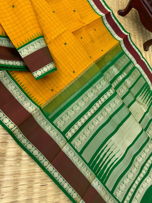 Sahasra - Most Difficult to Make No Zari Kanchivarams - stunning mustard and green with all traditional elements!!