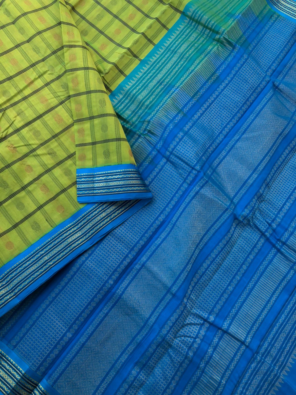 Divyam - Korvai Silk Cotton with Pure Silk Woven Borders - apple green and blue 1000 buttas