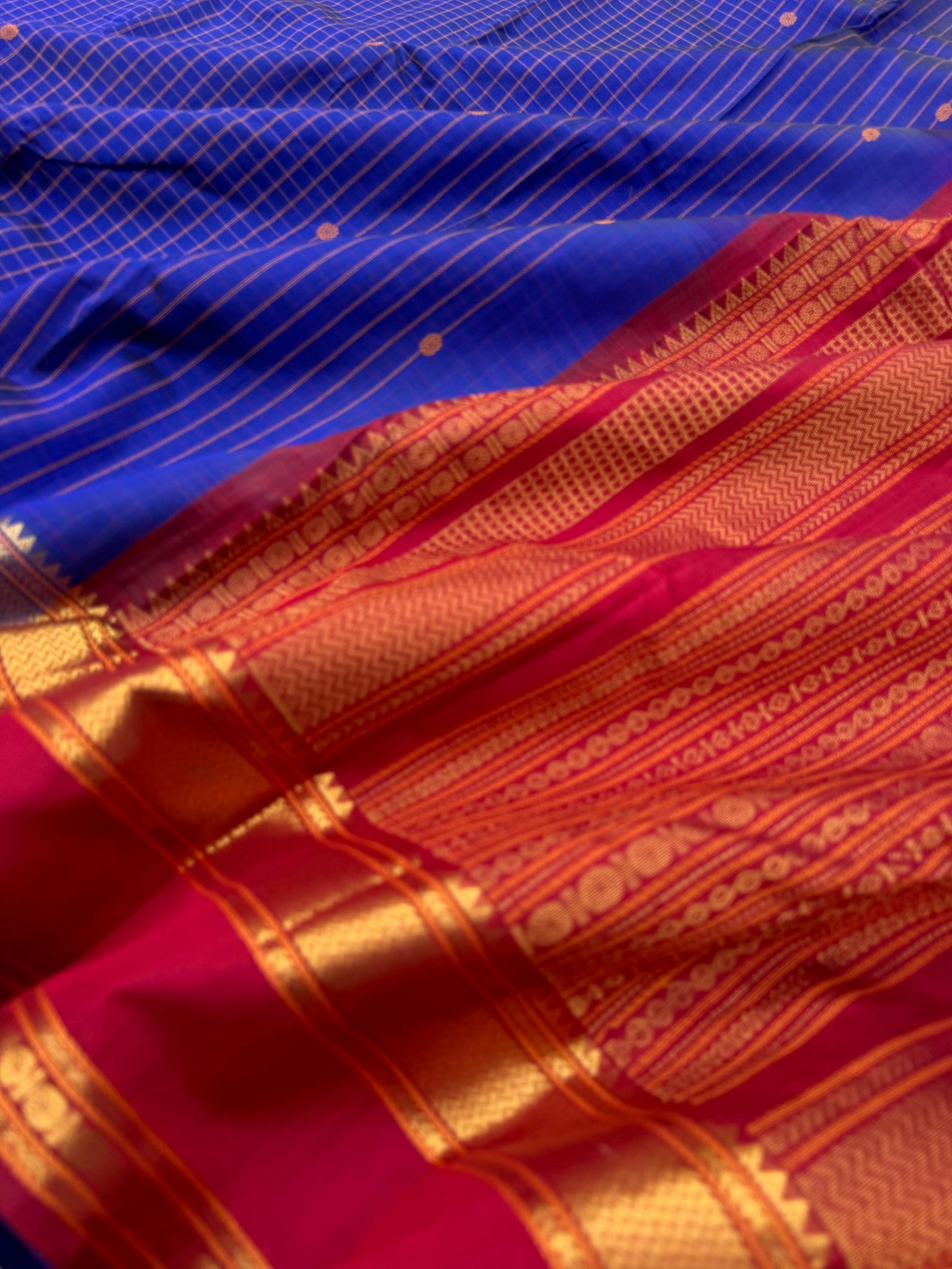 Woven Motifs Silk Cotton - ink blue and deep red kattam buttas