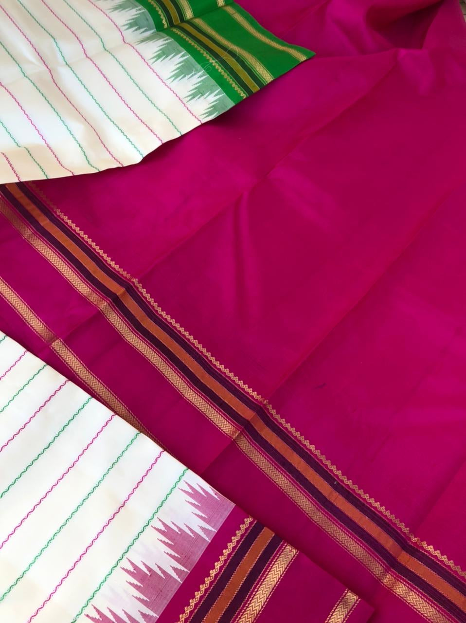 Sahasra - the classic off white with pink and green ganga jammuna woven borders veldhari korvai Kanchivaram
