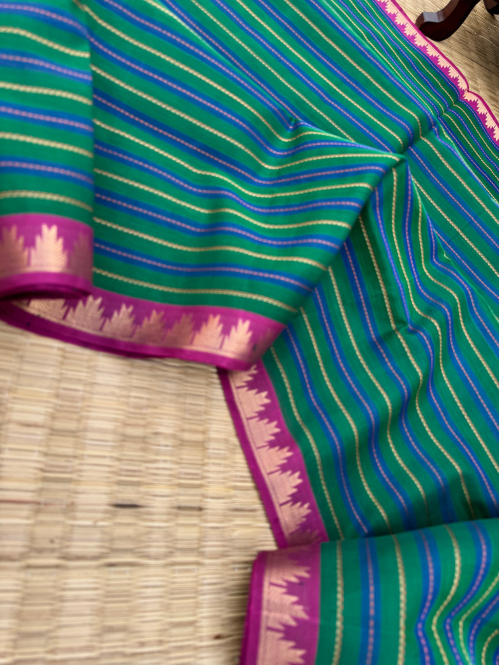 Woven Motifs Silk Cotton - more of green and peacock blue muthu veldhari with small one inch thalampoo woven borders