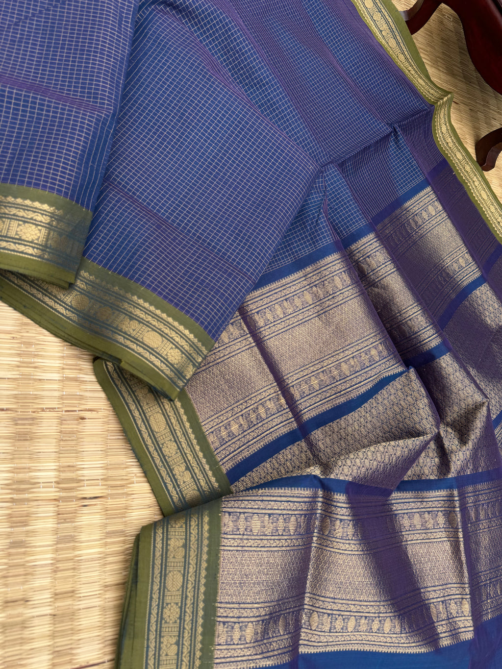 Zari Kissed Silk Cotton - a stunning two tone burnt blue oosi kattam with small borders