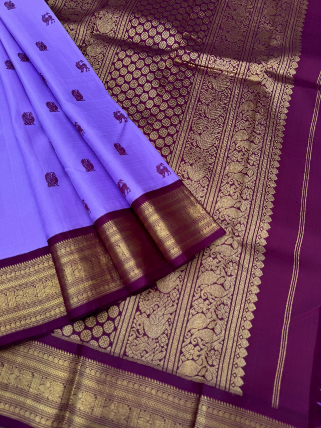 The Korvai Vibes - Authentic Korvai Kanchivaram - gorgeous blackcurrant and burgundy most unique and unusual combination with yali and annam buttas woven body