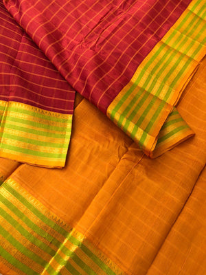 Divyam - Korvai Silk Cotton with Pure Silk Woven Borders - rusty brick red and mustard