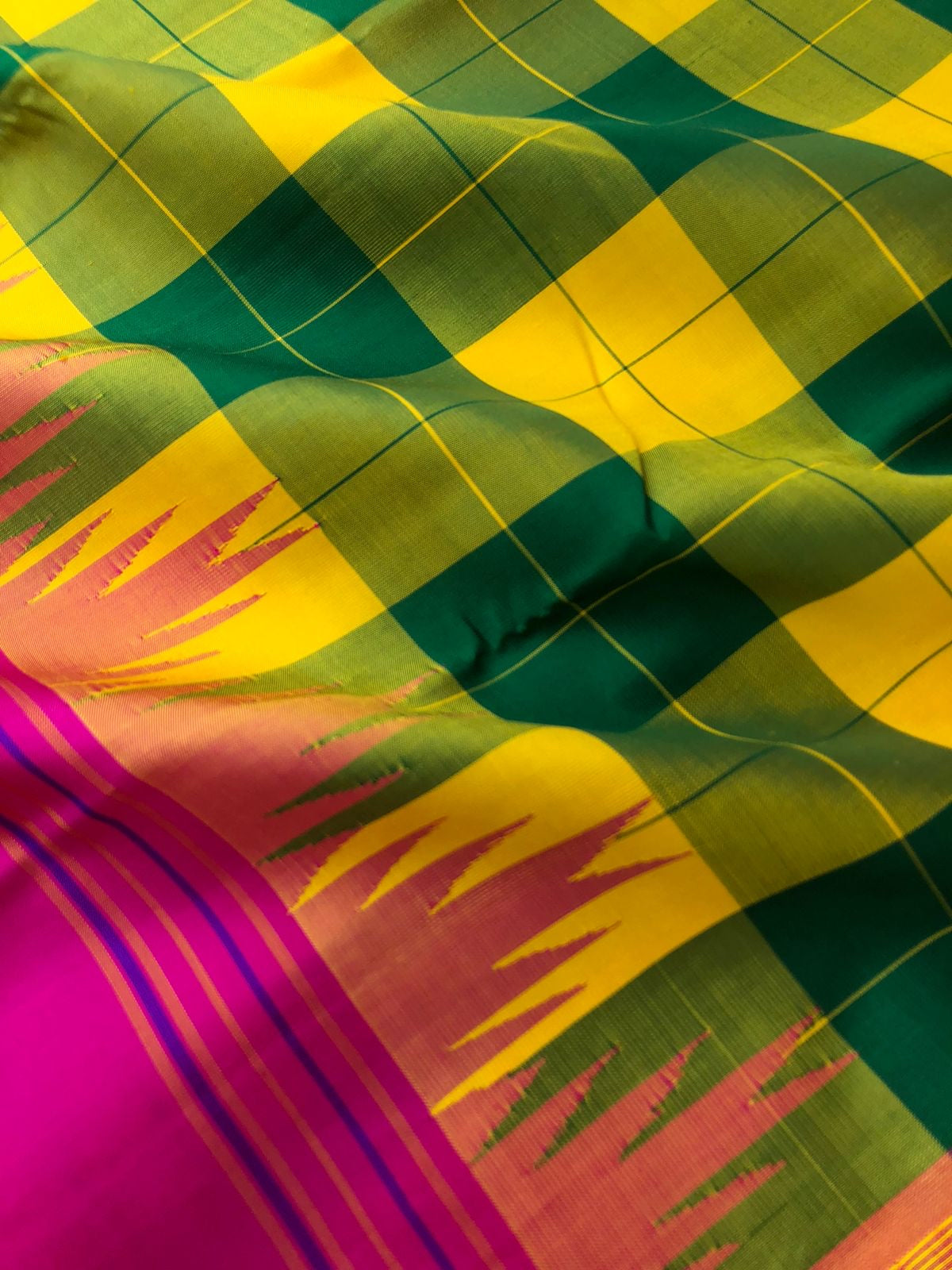 Chettinad Chexs on No Zari Korvai Kanchivaram - vibrant mix of yellow green and pink