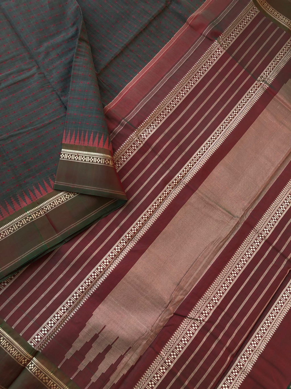 Mira - Our Exclusive Cotton body with Pure Silk Korvai Borders - elephant grey and unusual maanthulir Lakshadeepam