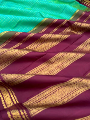 Vintage Ragas on Kanchivaram - beautiful dual tone aqua blue green zari kattam woven body with vintage aadai woven burgundy tone borders