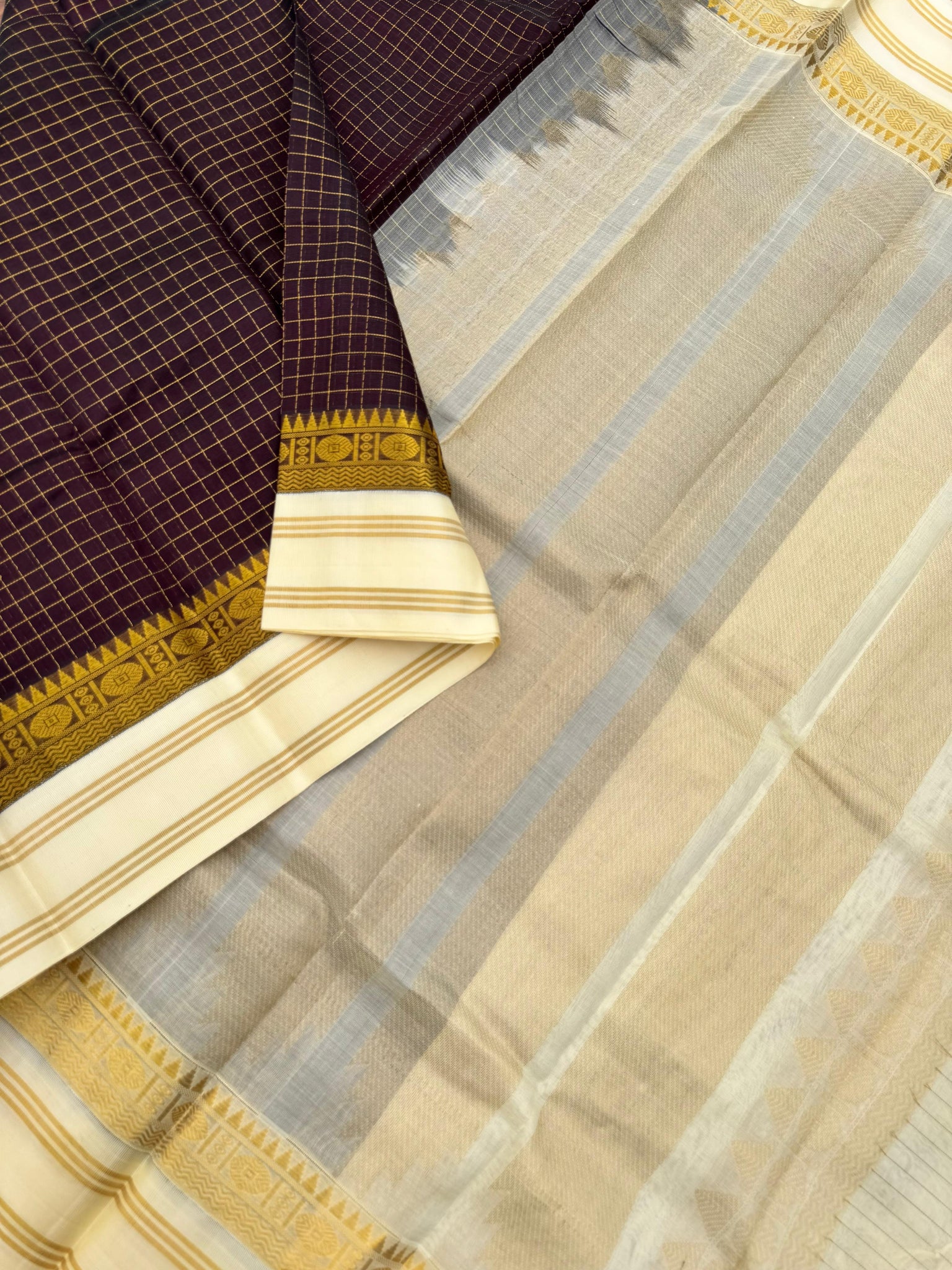 Korvai Silk Cottons - coffee bean and off white zari kattam