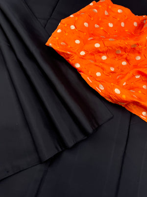 Niram - Celebrating of Full Plain Kanchivaram Silks Paired with Beautiful Blouses - black saree with orange silk bandhani blouse