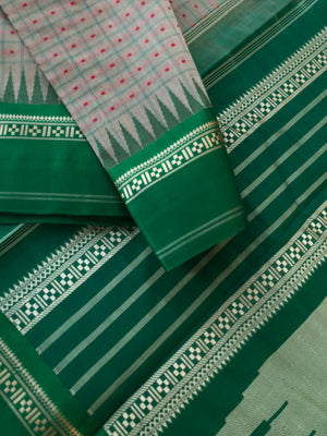 Mira - Our Exclusive Cotton body with Pure Silk Korvai Borders - stunning beige grey laksham buttas with Meenakshi green borders pallu and blouse