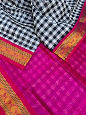 Korvai Silk Cottons - black and white chex with pink pallu and blouse