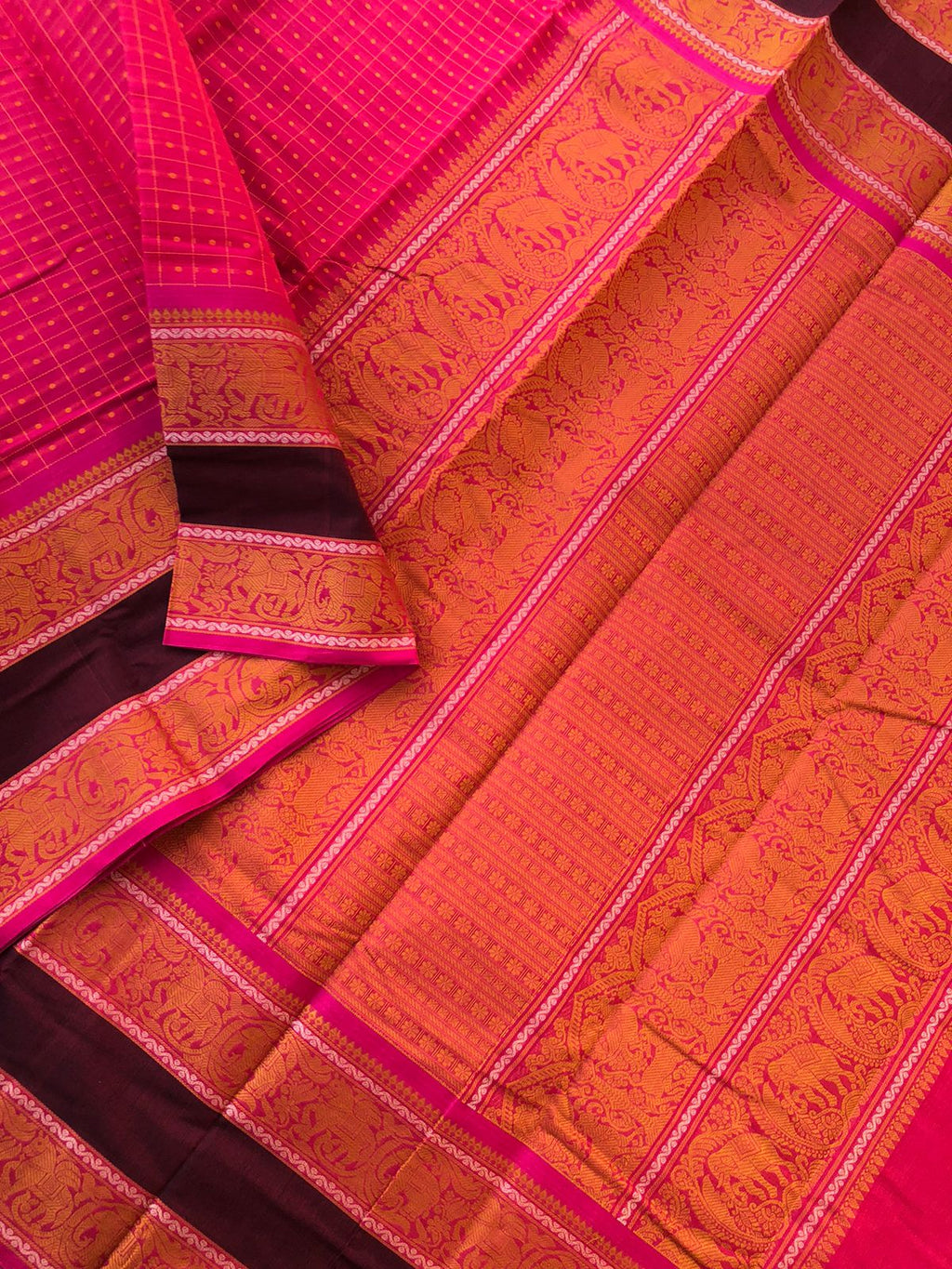 Mangalavastaram - beautiful pink red Lakshadeepam woven in mustard thread