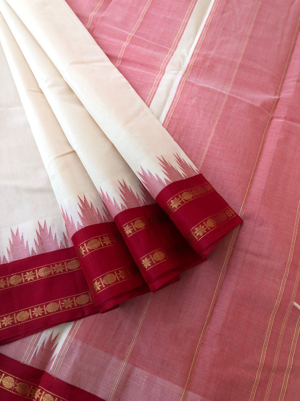 Cotton body with Pure Silk Double Side Korvai Borders - off white and deep red