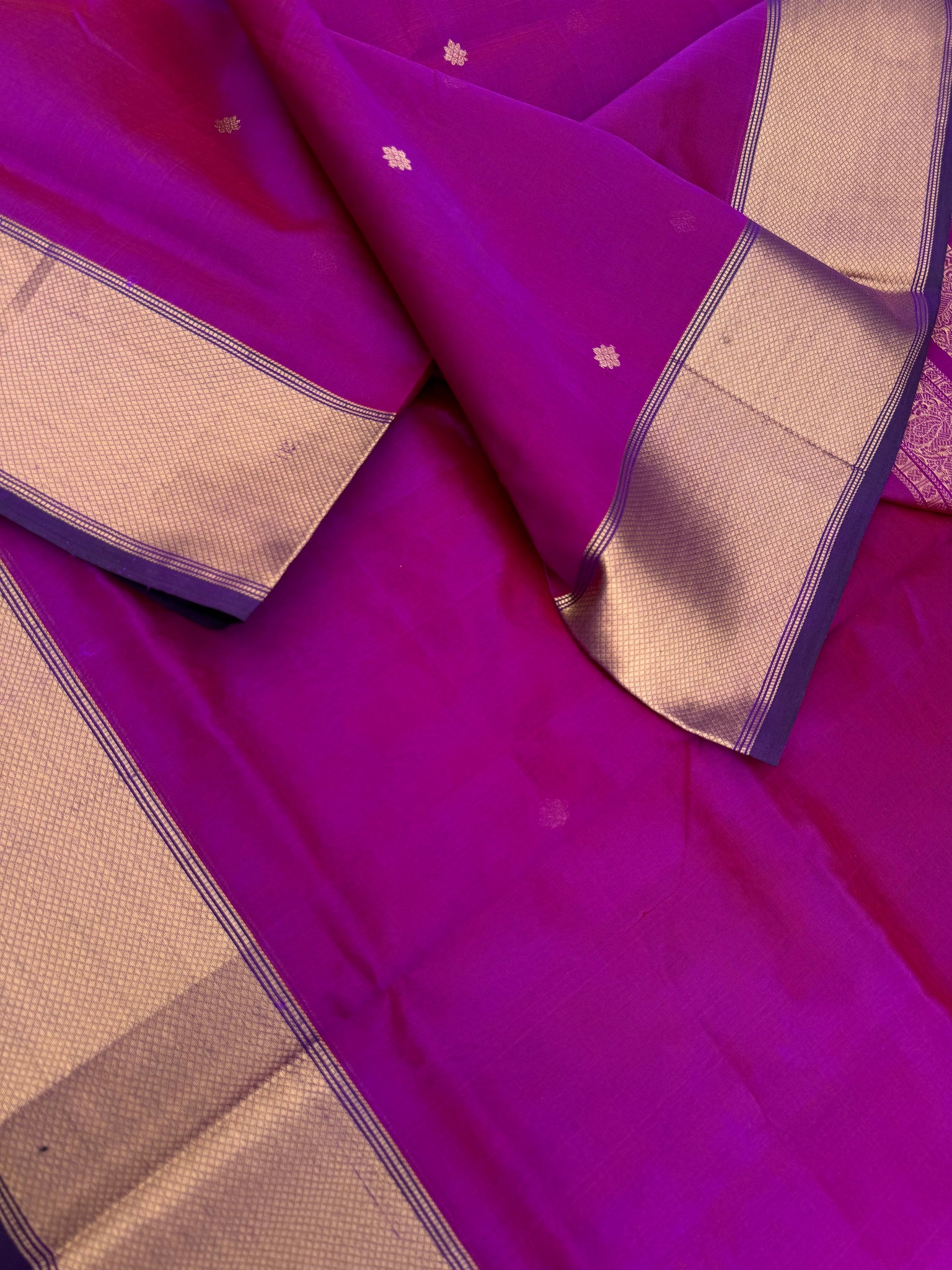 Zari Kissed Silk Cotton - a stunning red short purple grandest corner buttas