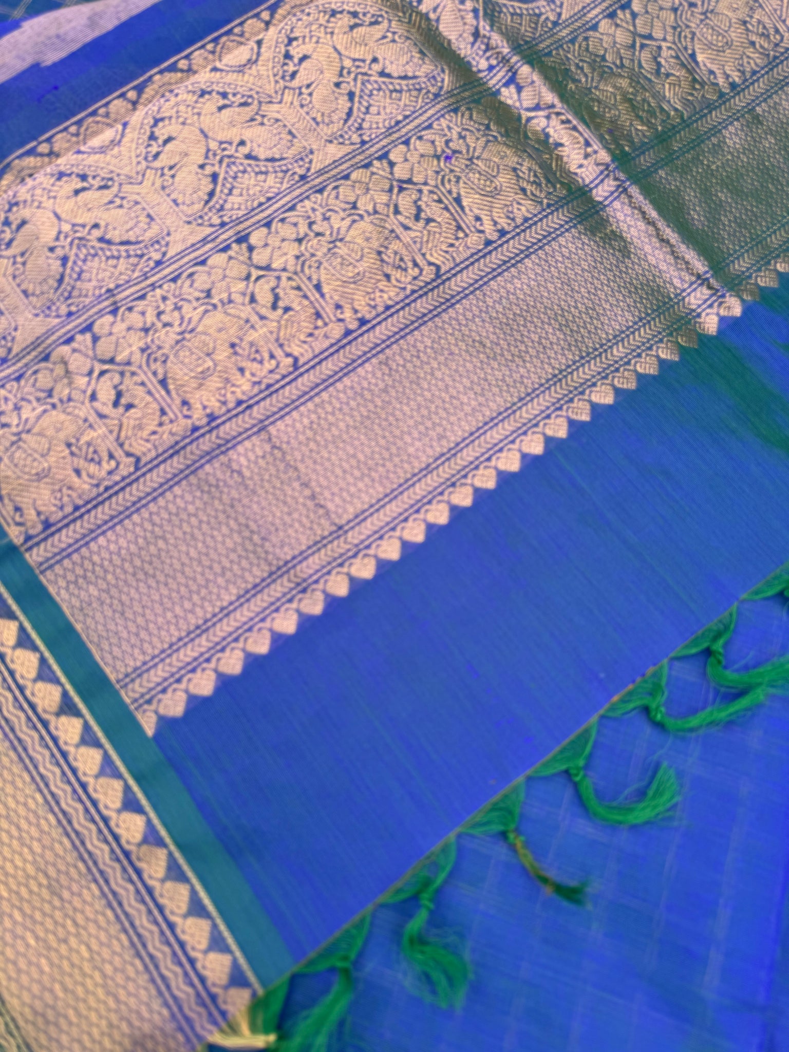 Zari Kissed Silk Cotton - stunning dual tone peacock blue green kattam with small borders