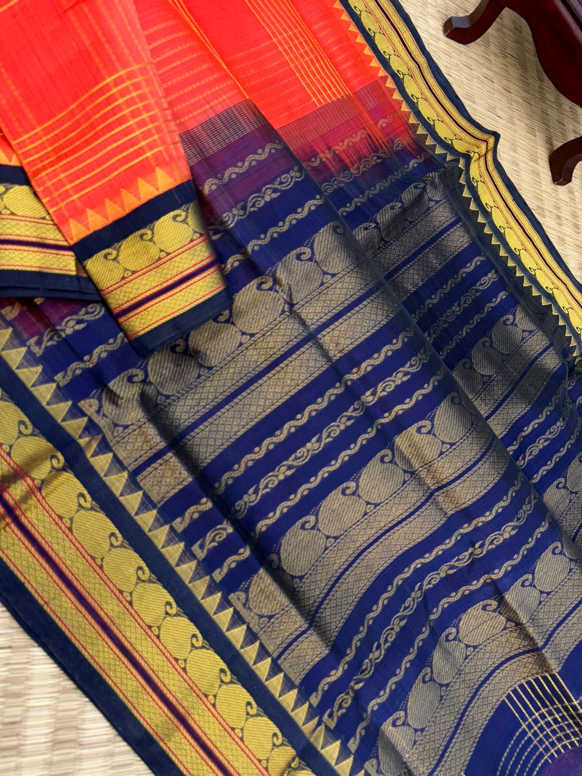 Korvai Silk Cottons - orange and navy blue zari kattam
