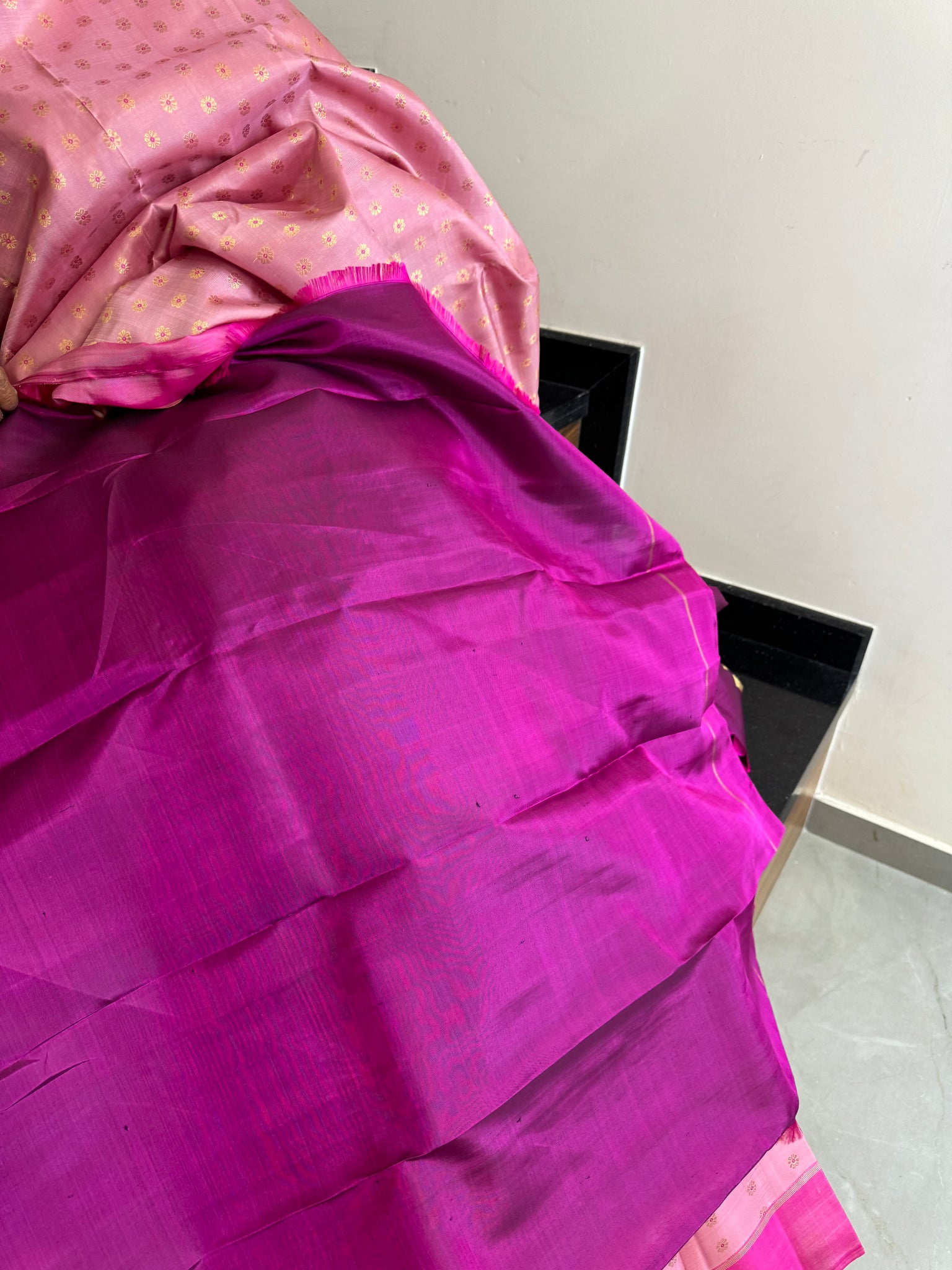 Kanchivaram Concepts - a gorgeous gorgeous baby pink full body meenakari gold zari buttas with majentha pallu and blouse