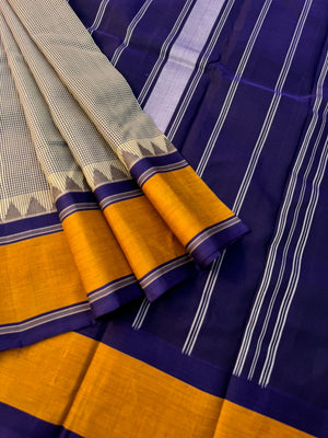 Signature Silk Cotton -English kasa kasa kattam with deep navy blue pallu and blouse
