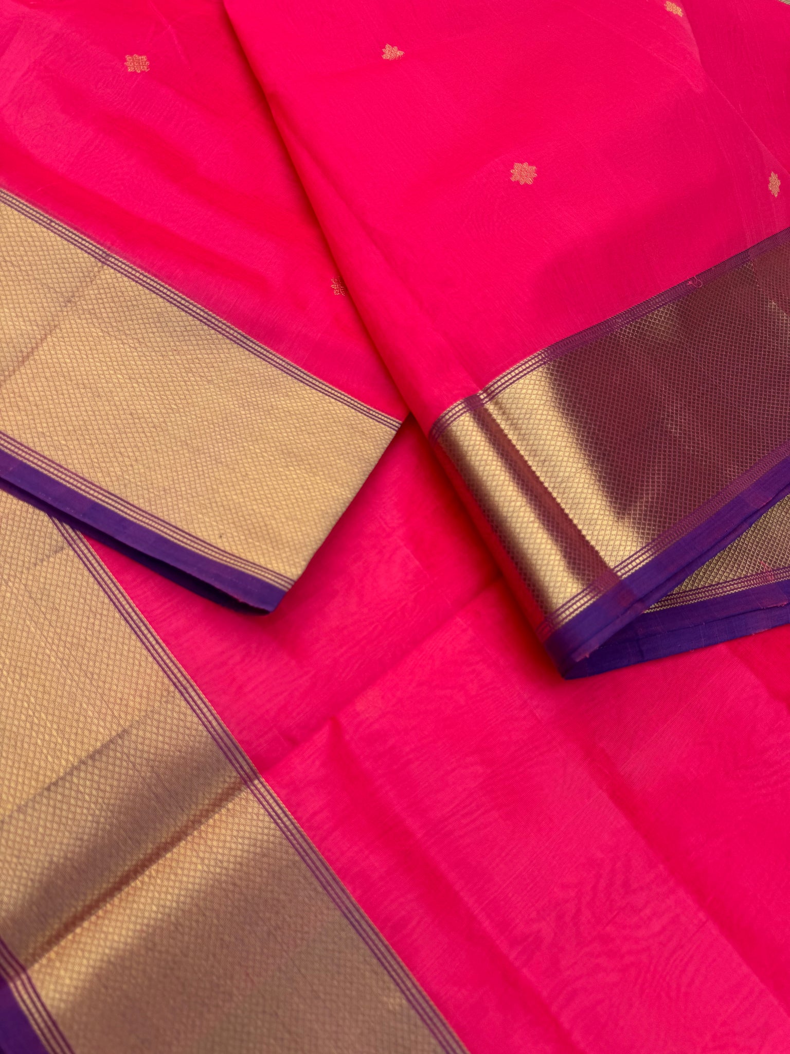 Zari Kissed Silk Cotton - shocking pink corner buttas