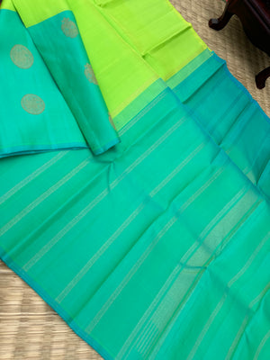 Diwali Edits - Kanchivaram For All Occasions - shocking green and dual tone aqua with one side woven broad with irruthalai pakshai woven buttas
