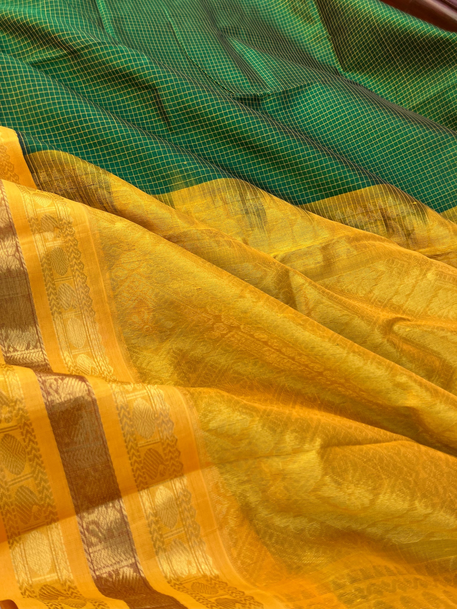 Korvai Silk Cotton - deep algae green and golden mustard zari kattam