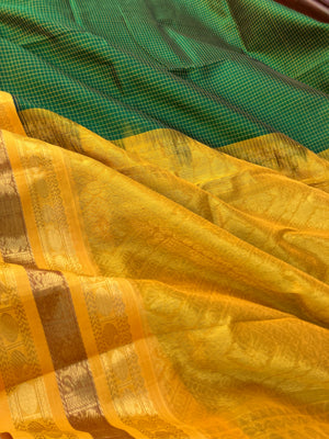 Korvai Silk Cotton - deep algae green and golden mustard zari kattam