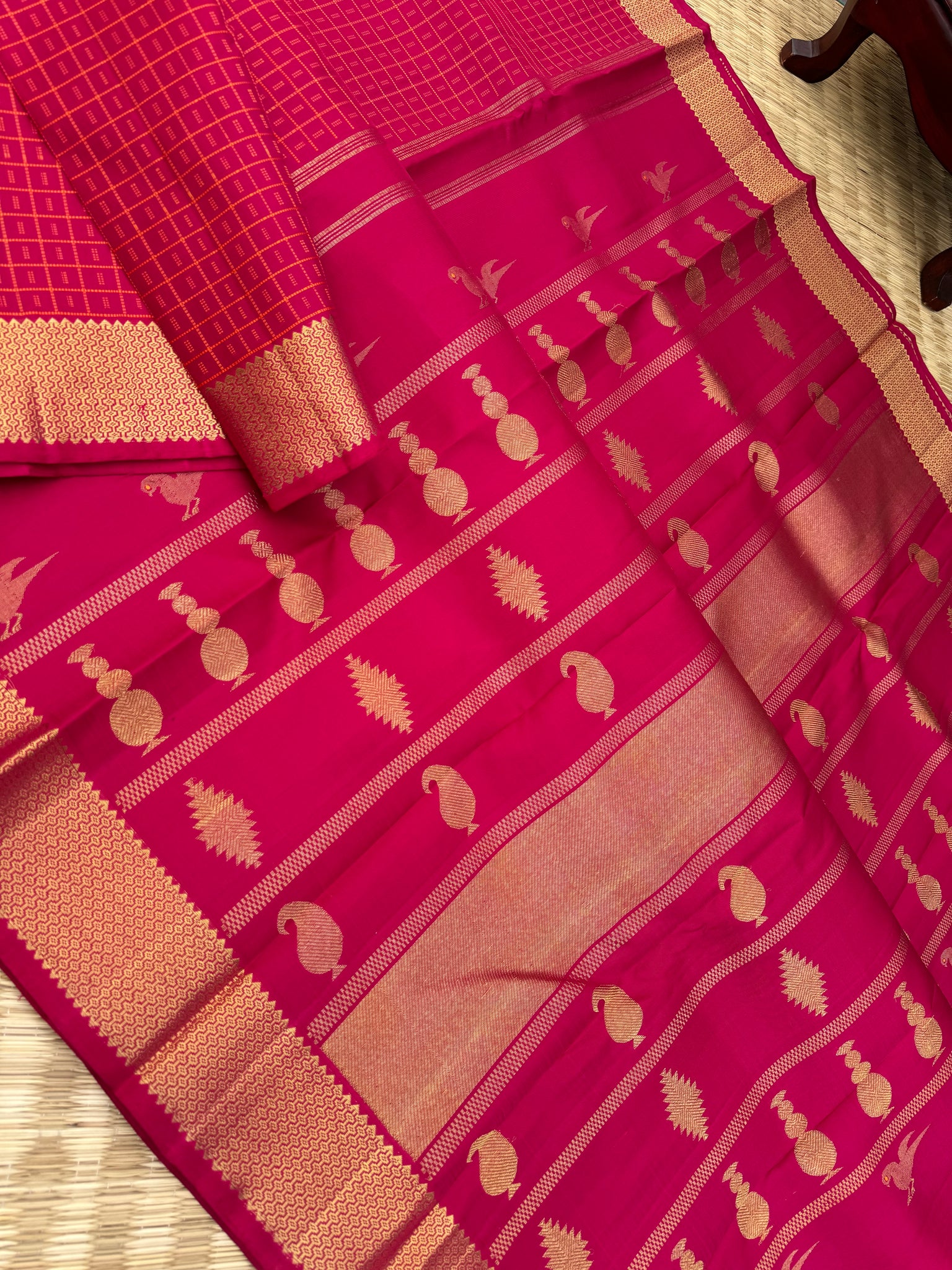 Haritham - Heirloom Yarn Play on Kanchivaram - a gorgeous kum kum red lakshadeepam with bomkai woven pallu and solid gold zari woven borders