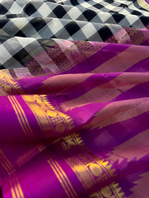 Korvai Silk Cotton - the best selling black and white high court chex with deep purple borders and pallu