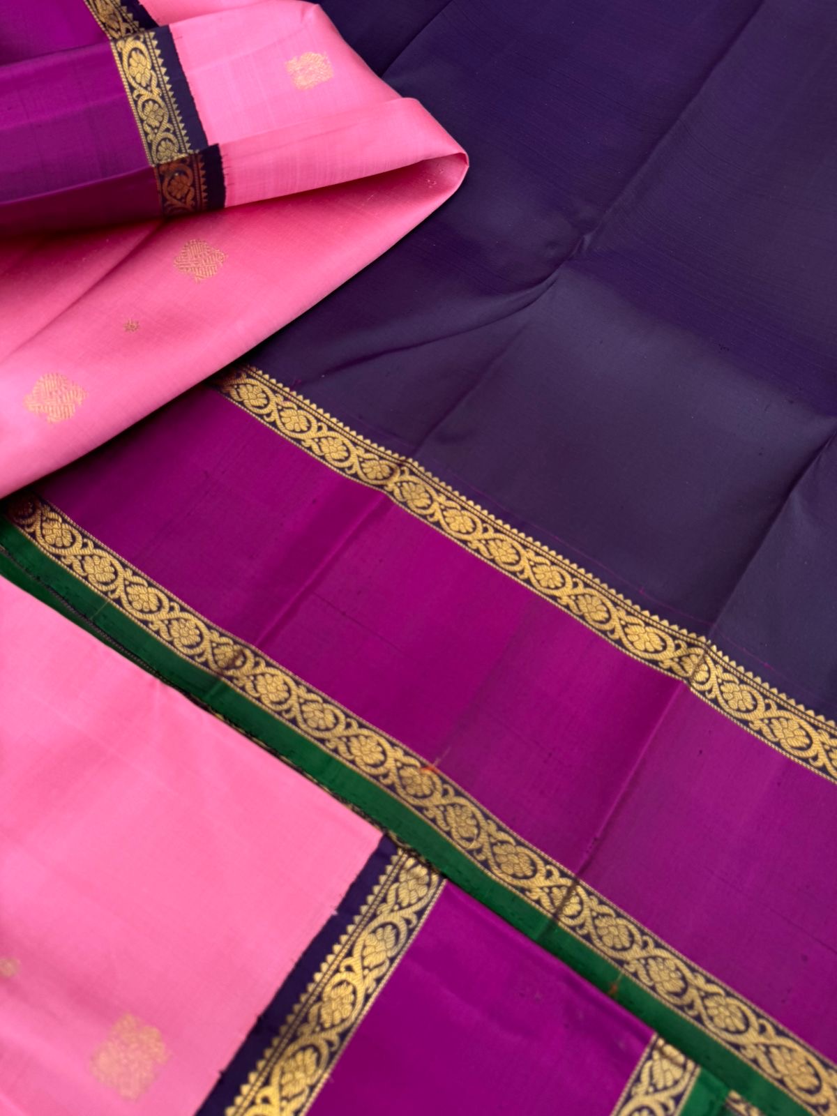 Kamakshi - Heirloom Korvai Kanchivaram - a dusky pink and navy blue pallu and blouse with retta pett woven borders